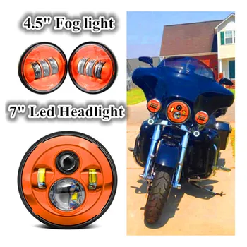 

for Harley Motorcycle 7" Inch Orange Motorcycle Headlight + 4.5" Fog Moto HID LED Light Bulb Headlight For Harley Davidson