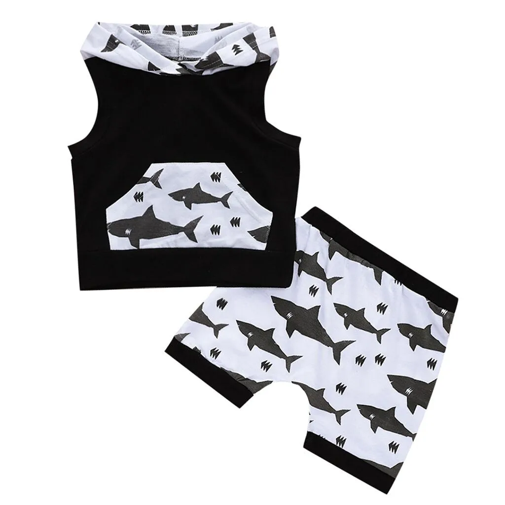 

Toddler Kid Baby Boys Cartoon Hooded Cotton Shark Tops Shorts 2pcs Outfits Set Summer Boys Sets children clothes Dropshipping