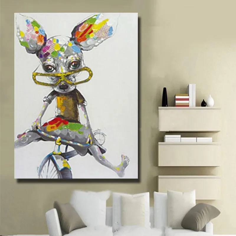 

Large Knife Funny Ride Rabbit Animal Pictures Hand-painted Abstract Cartoon Oil Paintings on Canvas Modern Home Decor Wall Art