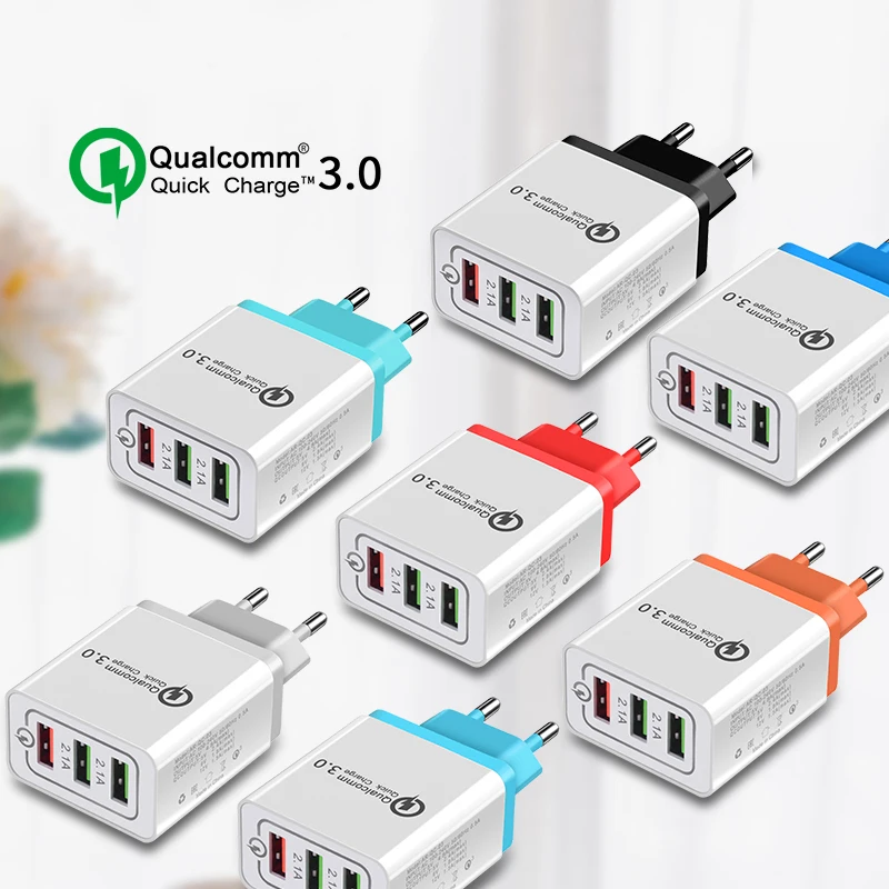 ROCK 3 Ports Quick Charger QC 3.0 USB Phone Charger Fast Charger EU Plug Mobile Phone Charger for phone for Samsung S8 S9