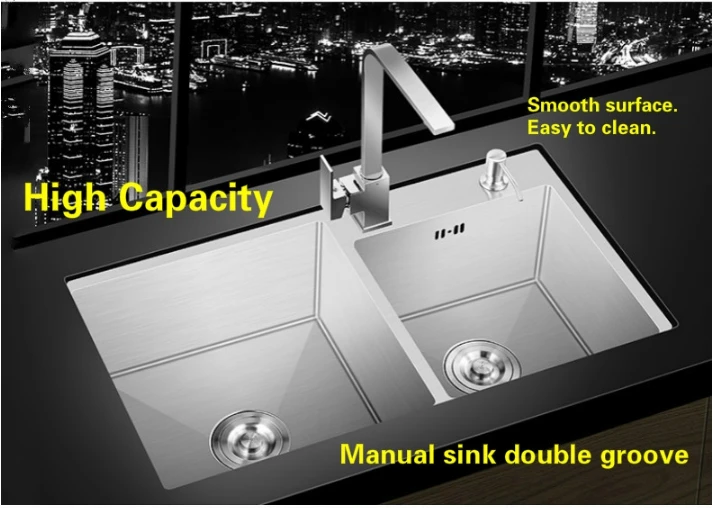 Горячая роскошь на продажу кухонный ручная раковина двойной паз пищевые продукты длительного хранения 304 Нержавеющая сталь стандарт 80x45/82x45 см