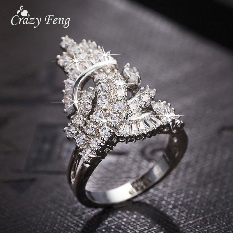 Fashion Jewelry Luxury Gold-color Crystal Geometric Shape Bridal Engagement Wedding Ring For Women Cubic Zirconia Jewelry Rings