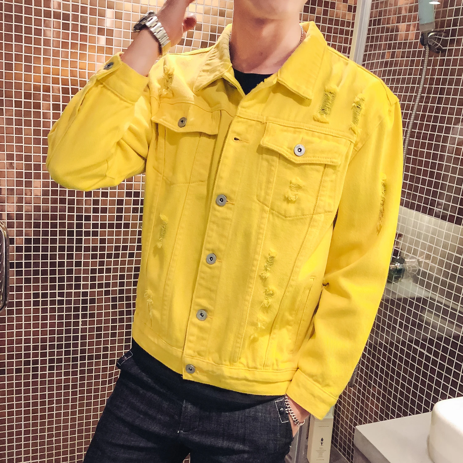 yellow denim shirt