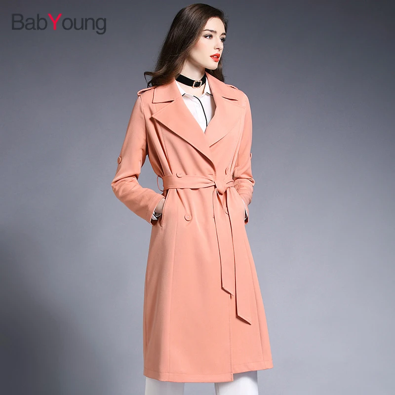 

BabYoung Pink Trench Coat Women Clothing Autumn Long Coat 2017 New British Style Belt rench coat for Female Outwears trench