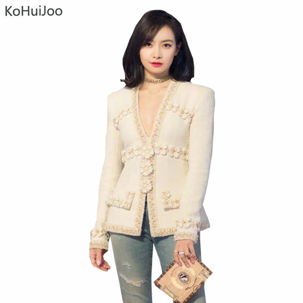 

KoHuiJoo Autumn Winter Women Tweed Jacket Coat Slim Korea Style Floral Elegant Wool Coats Female Especially Jackets Beige