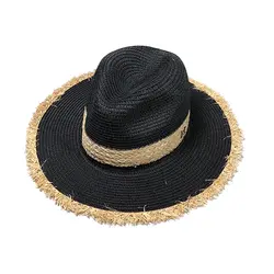 Элегантная английская летняя широкая пляжная соломенная шляпа Защита от Солнца шляпа от солнца пляжная тканая джаз шляпа черная