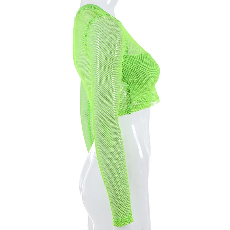 Bkld 2019 модные неоновые зеленые женские комплекты с длинным рукавом Прозрачные кроп-топы с мини-юбкой Bodycon 2 откровенный, из двух частей