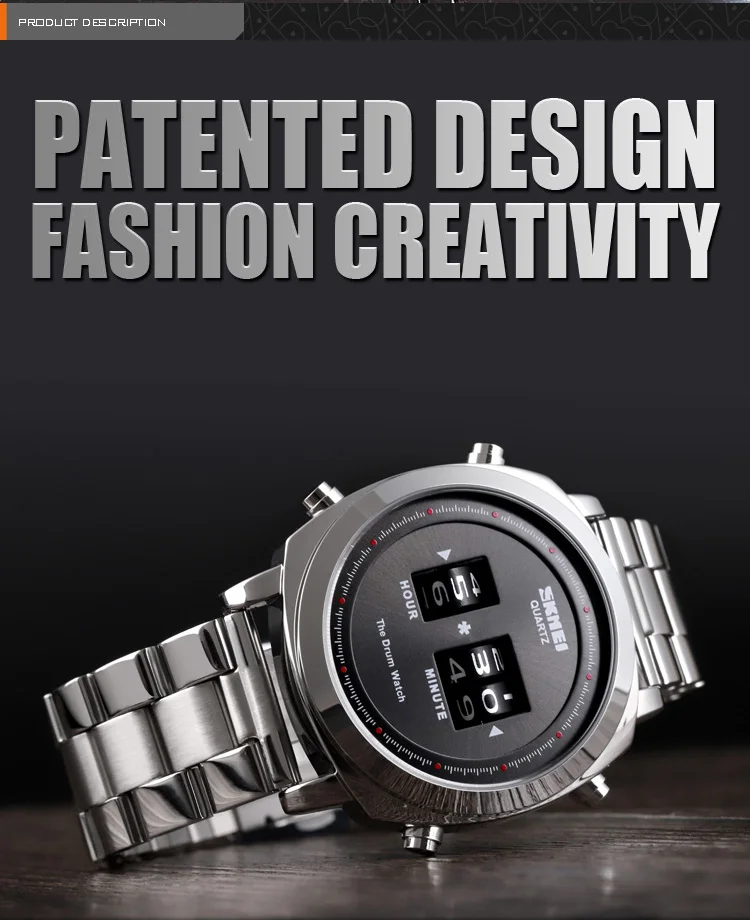 SKMEI мужские модные кварцевые часы наручные часы запатентованный дизайн из нержавеющей стали водонепроницаемые простые барабанные часы Orologio Uomo