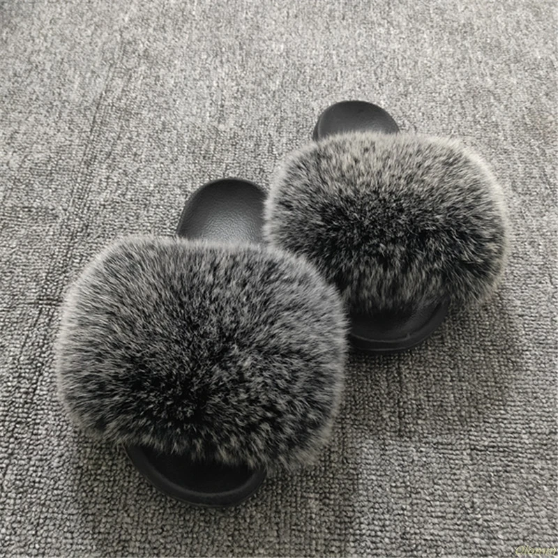 

Hot Sale Fur Slippers Women Fox Home Fluffy Sliders Comfort With Feathers Furry Summer Flats Sweet Ladies Shoes Size 45 Home