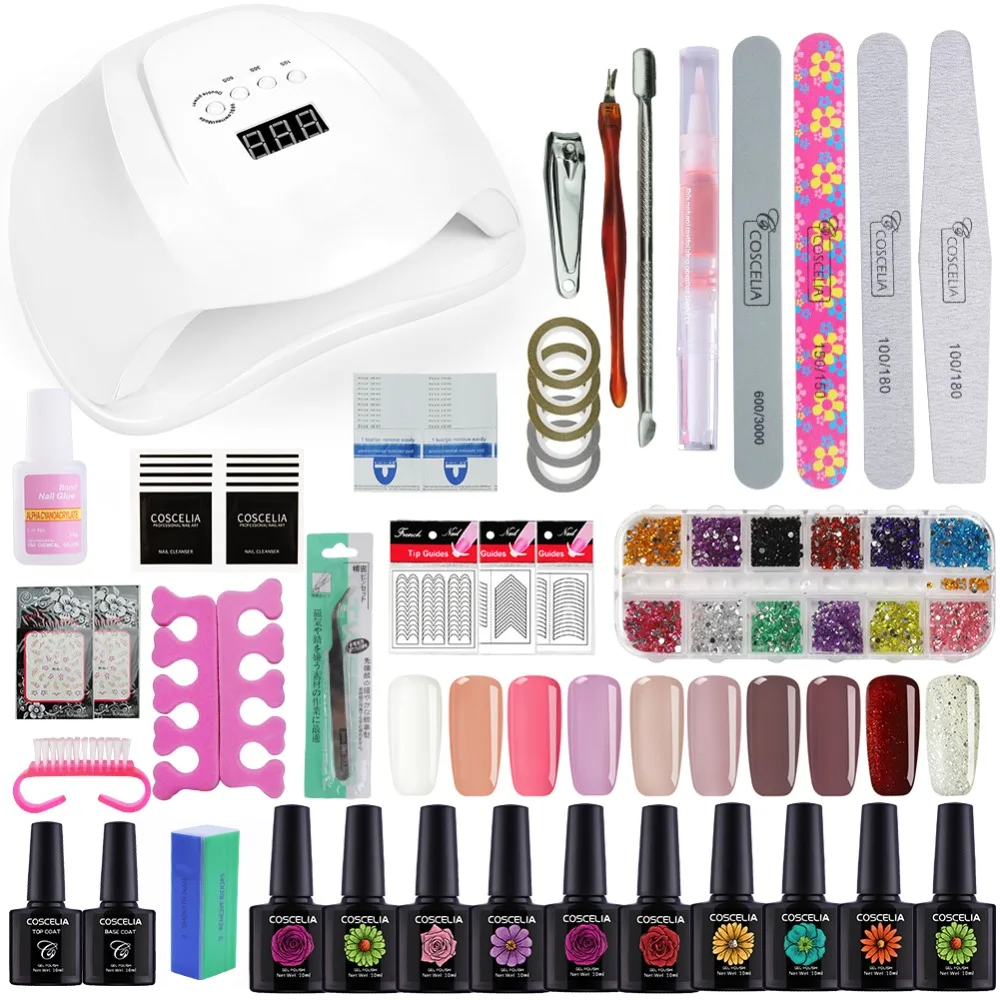

COSCELIA 54W Lamp For Nail 10Pcs Set For Gel Nail Polish Tools For Manicure 80 Colors For Choose Set Gel Varnish Nail Art Sets