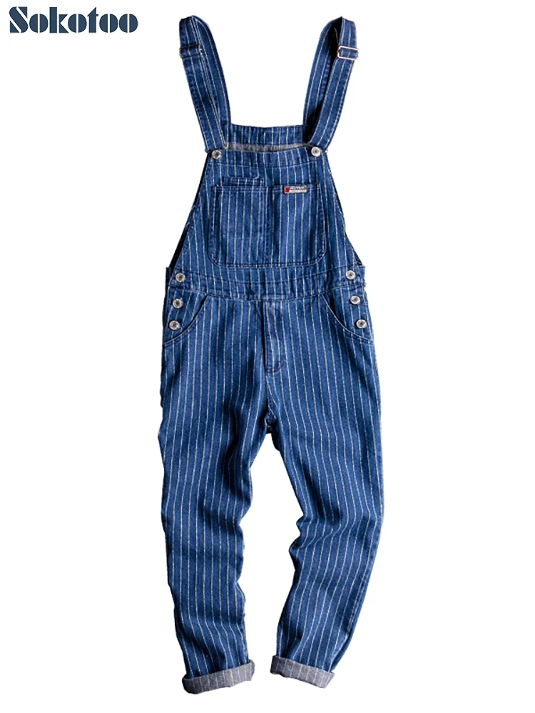 Buy Sokotoo Men's stripe printed blue denim bib overalls Suspenders jumpsuits