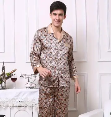 mens satin pajama set Men's Long Sleeve Silk Homewear Male Spring Summer Long Sleeves Pyjamas Lapel Handsome Luxurious Silk Nightwear 2pcs D-2183 soft cotton pyjamas Pajama Sets