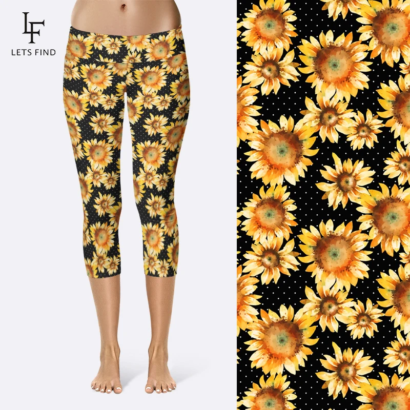 aerie leggings LETSFIND Summer Casual Style High Waist Elastic Capri Leggings New Women Sunflower Printed Mid-Calf Black Leggings thigh highs