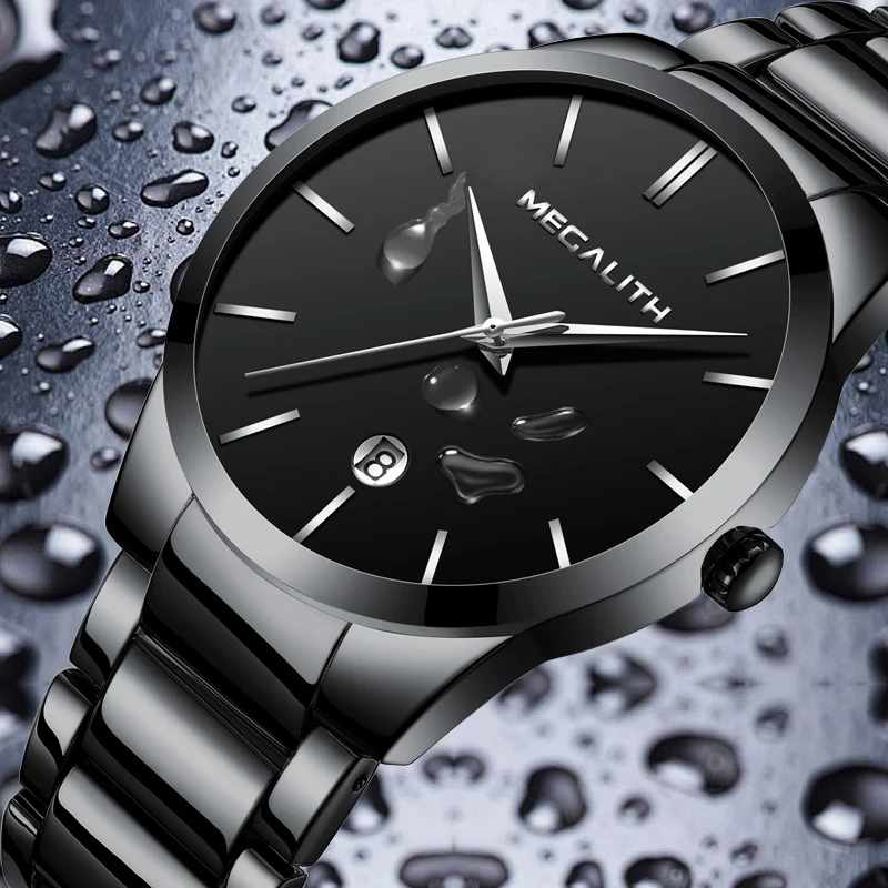 

MEGALITH Black Simple Design Men Watches Relogio Quartz Calendar Stainless Steel Silver Sport Watches Masculino Wristwatch Clock