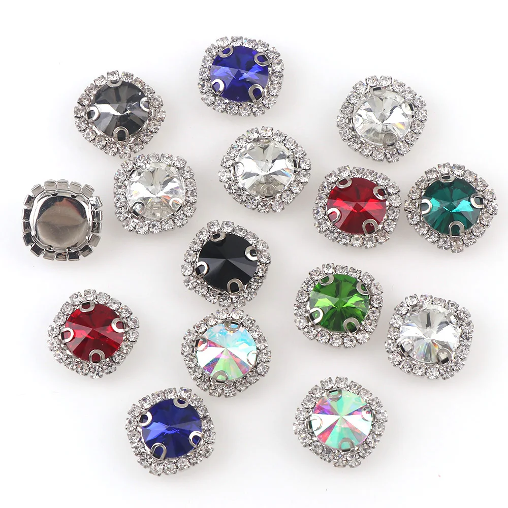 

12mm Pointback White K Base Sew On With Colorful Glass Stone Claw Crystal Buckle Cabochon Base DIY Jewelry Clothes Charm
