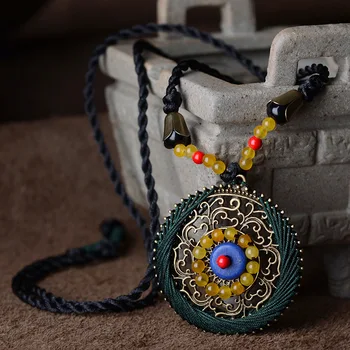 

Ethnic necklace Jewelry handmade braided necklace,fashion yellow agagte vintage necklace,new copper stones sweater necklace