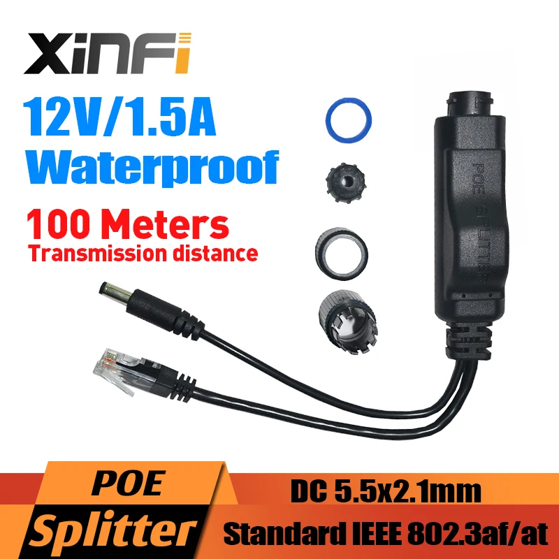 

48V to 12V Waterproof PoE Splitter Adapter Injector Active POE connector IEEE802.3af 10/100M For IP Camera AP 12V/1.5A DC Output