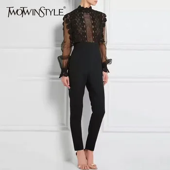 

TWOTWINSTYLE Sexy Perspective Women's Jumpsuits High Waist Long Sleeve Patchwork Mesh Lace Jumpsuit Female 2020 Autumn Fashion