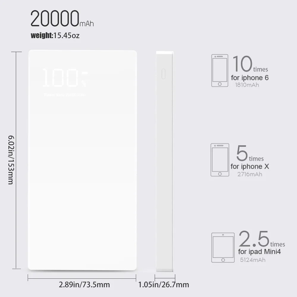 Беспроводное зарядное устройство QI, внешний аккумулятор 20000 мАч для Xiaomi Mi 2, быстрая зарядка 2 А, внешний аккумулятор, беспроводное зарядное устройство для iPhone, внешний аккумулятор