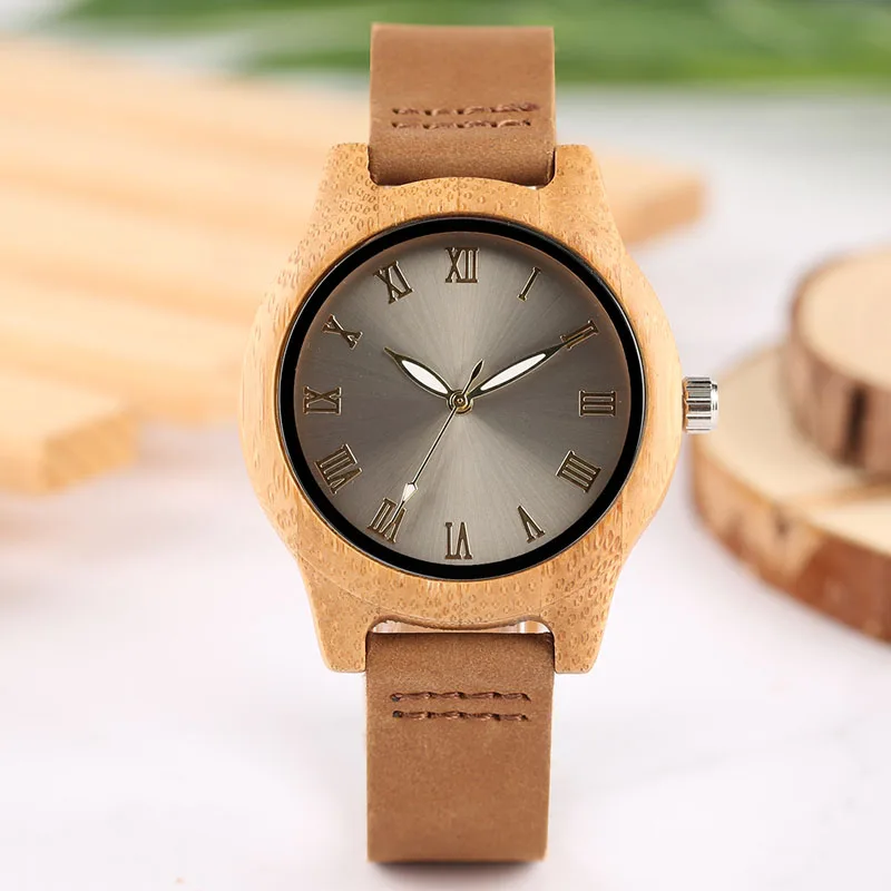 

Casual Wood Watch Women Gray Sun Dial Rome Number Real Leather Band White Hour hand Brown Quartz Wristwatch Gift Free shipping