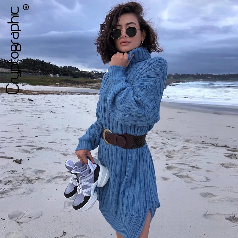 

Cryptographic Long Sweaters Dress For Women Loose Striped Split Knitting Turtleneck Pullover Over Size Sweaters Winter 2019