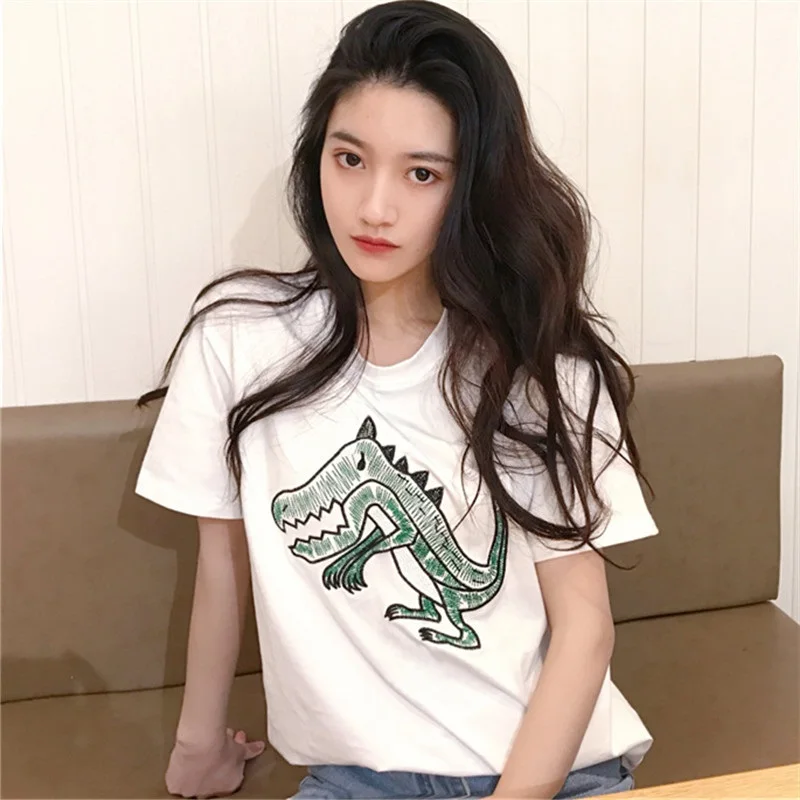 

Dinosaur Embroidered T-Shirt Harajuku Style Summer Top 2018 O Neck Short Sleeve Cartoon Tee Shirt Casual