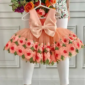 

2019 3D Rose Flower Dress Party Pageant V NeckPrincess Kids Baby Outfits 2-8Years