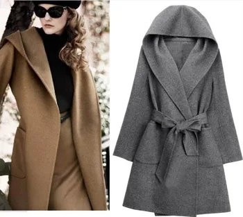 

Uwback Women Coat Woolen Coat Long for Women Autumn Winter Warm Trench Coat Camel Mujer Belted Coat Hooded Cloak 2018 New,EB201
