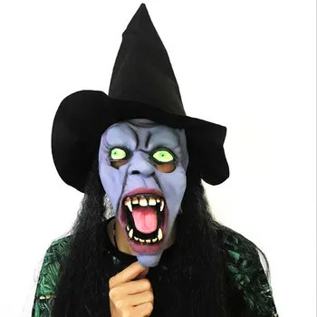 

Latex Scary Full Head Witch Mask Long Hair Wig with Hat Horrible Halloween Masks Masquerade Costume Cosplay Party Props