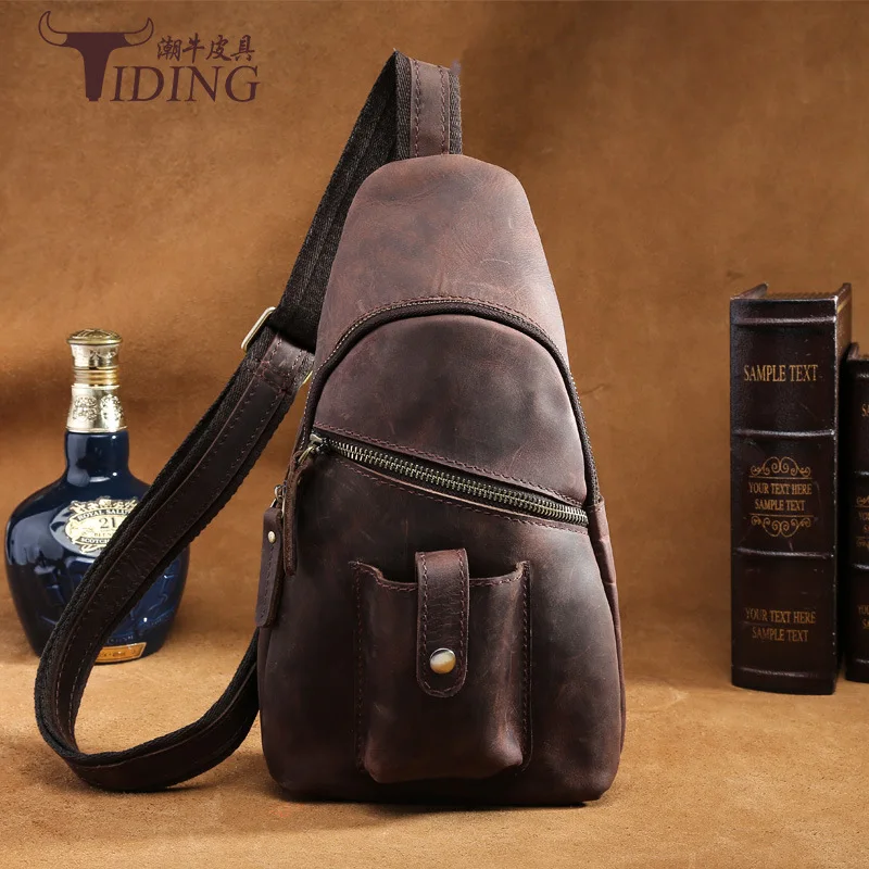 

Genuine Leather TIDING Crazy Horse Leather Men Chest Bag Retro Style Shoulder Bag Travel Sling Backpacks Crossbody Bag 2016 New