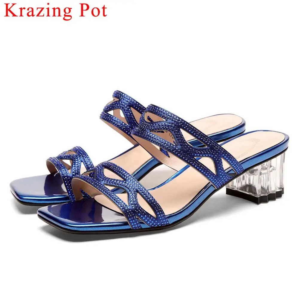 

Krazing Pot concise style special cow leather mature women sandals peep toe mules slip on med heels retro office lady shoes L81