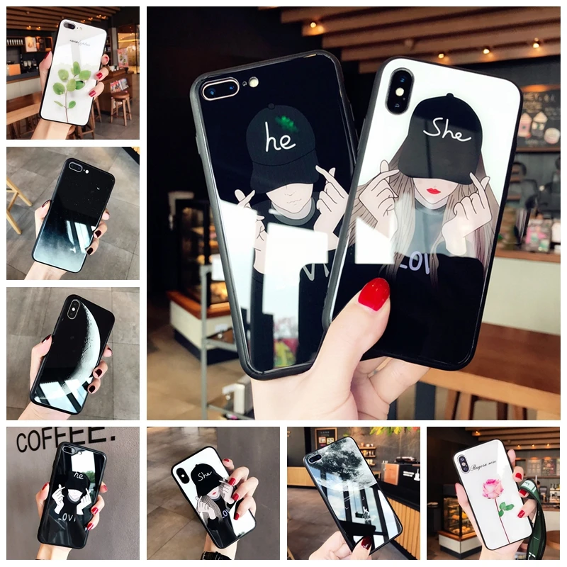 Чехол из закаленного стекла для iPhone XS MAX XR X 8 7 Plus 6 6s Finger Heart Couple Space цветы узор
