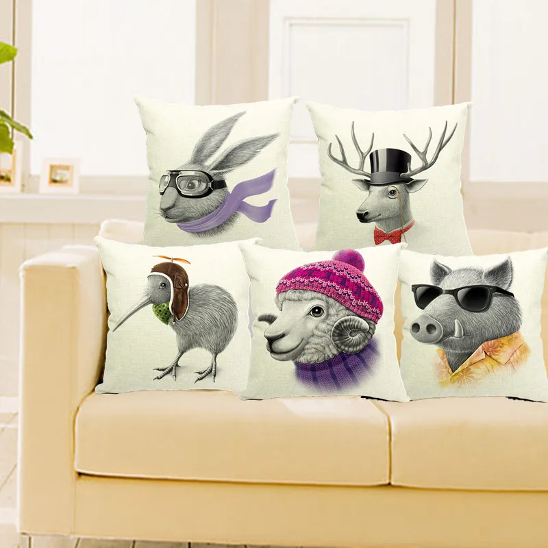 

Pillow Case Cushion Cover Chicken Deer Goat Porcpuine Rabbit Cushion Cotton Linen Throw Pillow Covers Decorative Pillows