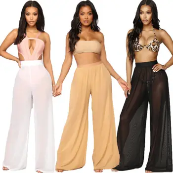 

Women Wide Leg Pants Beach Mesh Sheer Summer 2019 Streetwear High Waist Pants Elastic Casual Drawstring Long Trousers Cover Up