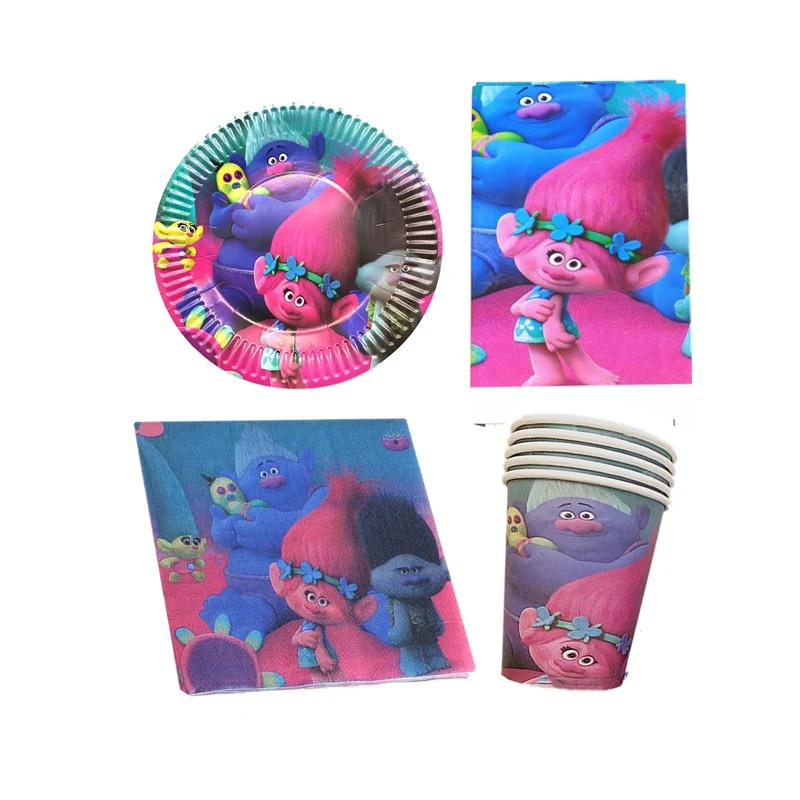 

61pcs For 20 People Party Kids Favors Cartoon Trolls Theme Napkins Happy Birthday Tablecover Baby Shower Cups Decorate Supplies