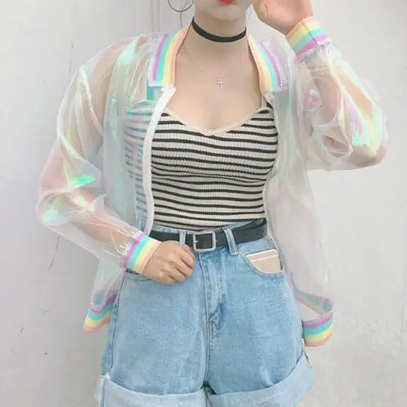 

2018 Harajuku Summer Women Jacket Laser Rainbow Symphony Hologram Women BasicCoat Clear Iridescent Transparent Bomber AH102