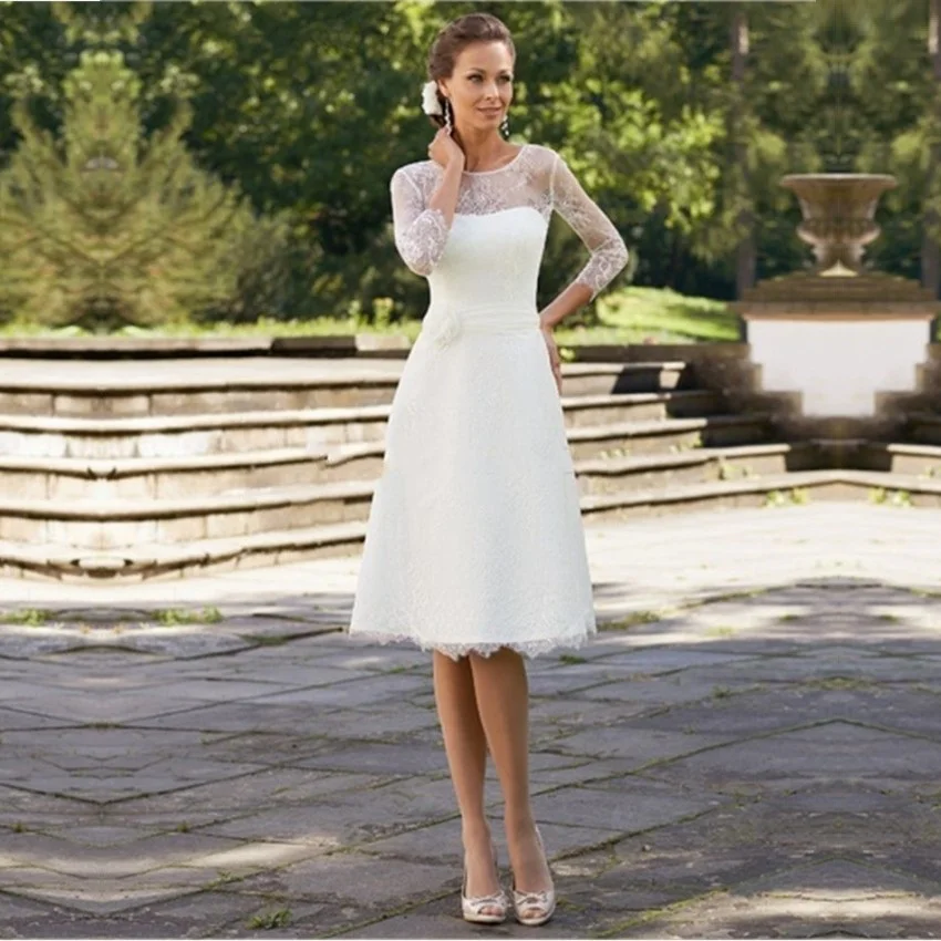 115.3US $ |2015 Elegant White Lace Wedding Dresses Knee Length 3/4 Sleeve W...