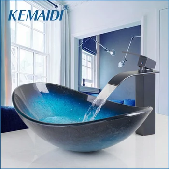 KEMAIDI Waterfall Spout Basin Black Tap+Bathroom Sink Washbasin Tempered Glass Hand-Painted With Oil Rubbed Bronze Finish Faucet automatic touchless sensor waterfall bathroom sink vessel faucet oil rubbed bronze with hole cover plate