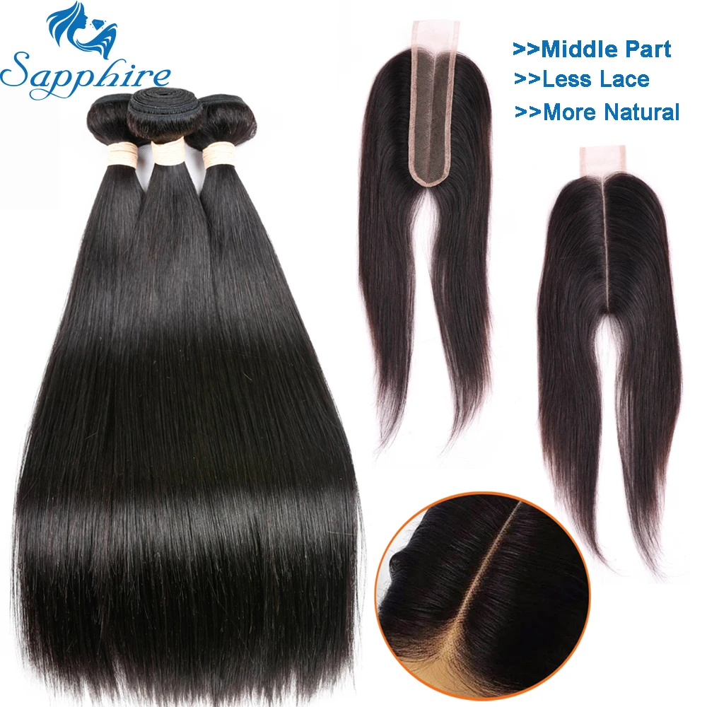 Sapphire Straight Hair Extensions Brazilian Hair Weave Bundles With Closure 2*6 Lace Closure With Human Hair Bundles Middle Part
