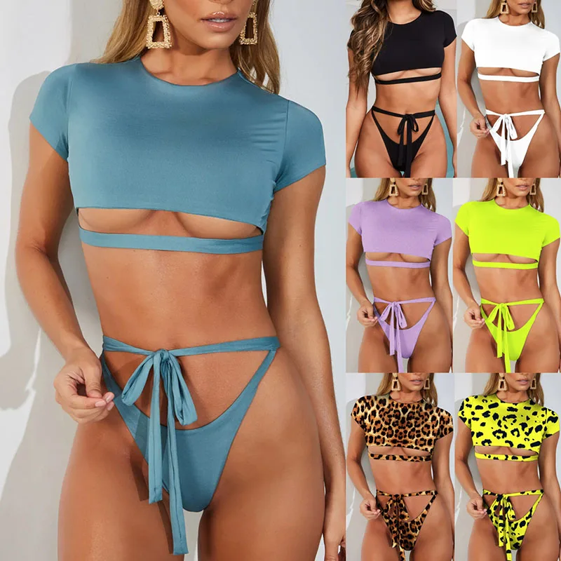 

High neck Bikini 2019 mujer Sexy bondage Swimsuit female crop top High cut swimwear bathing suit push up bathers Women Sports