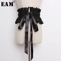 [EAM] 2019 новая осенне-зимняя Черная кружевная лента, бандаж, вышивка, оборки, индивидуальная широкая Bel женская мода, подходит ко всему JQ829