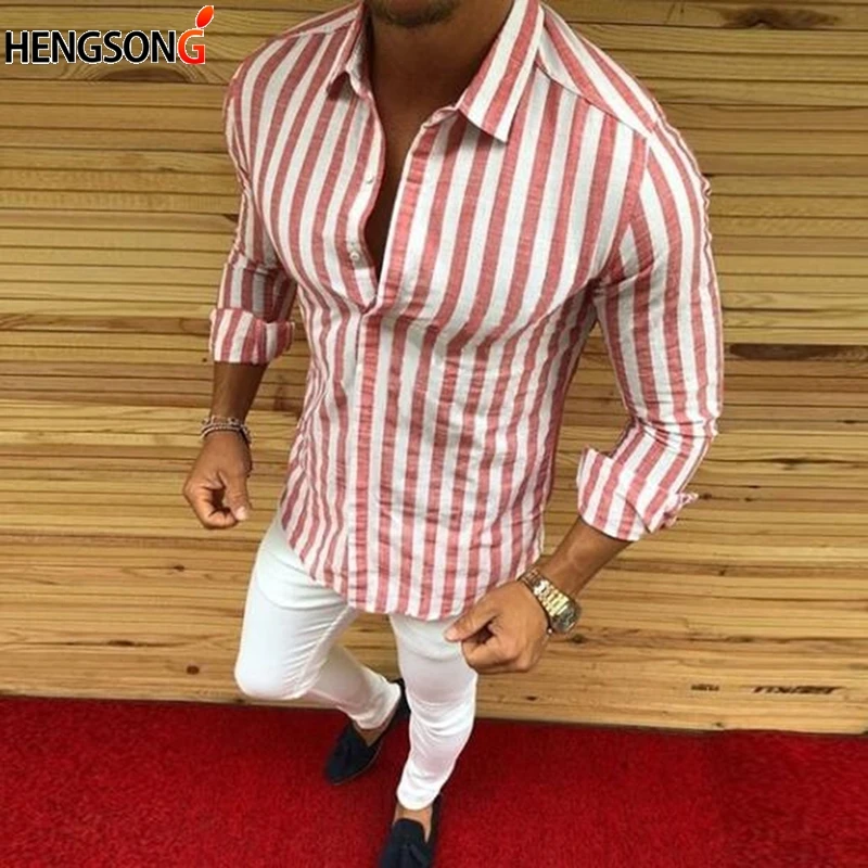 Plus Size 3XL Mens Casual Long Sleeve Shirt Classic Striped Male Turn down Collar Shirts 2019 