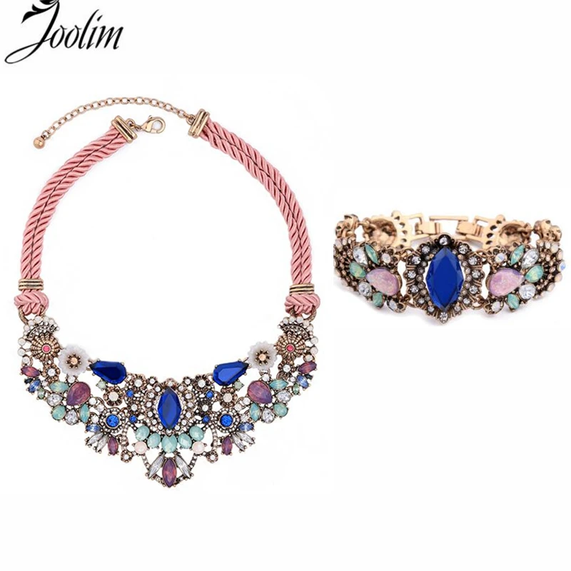 JOOLIM Jewelry Wholesale/Pink Cord Flower Statement Collar Necklace Bracelet Set Fashion Jewelry Set