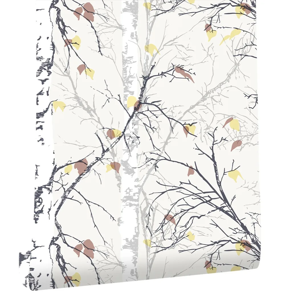 

HaokHome Autumn Birch Tree/Leaves vinyl Wallpaper Black/White/Yellow 3D Realistic Paper Home Bedroom Living room Wall Decoration