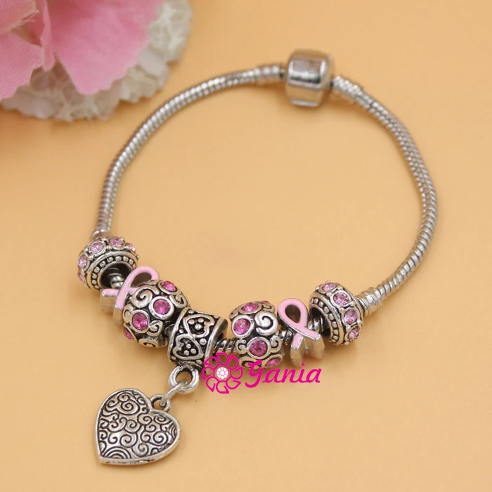 Браслеты из розовой ленты с подвеской в виде сердца 6 шт.|cancer bracelet|pink ribbon cancerbreast