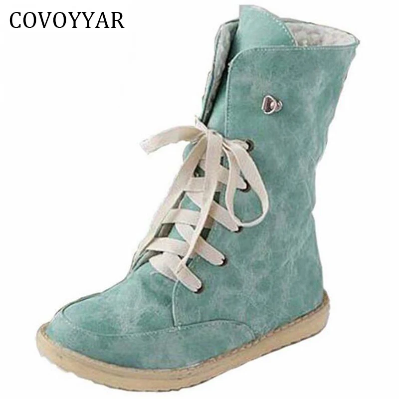COVOYYAR/ г. Зимние женские ботинки на меху зимние винтажные ботильоны модная обувь на плоской подошве со шнуровкой Женская обувь, большие размеры 34-43, WBS297