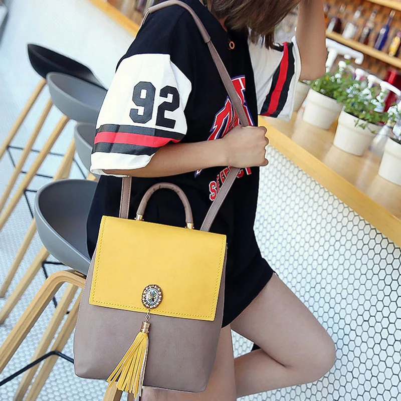 Women Backpack Tassel PU Leather Panelled Female Travel Backpacks Fashion Girl School Bag Mini Design Lady Daily Mochila BP0193 (15)