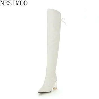 

NESIMOO 2019 Winter Women Shoes Over The Knee Boots Pointed Toe Square High Heel Scrub Western Style Ladies Shoes Size 34-43