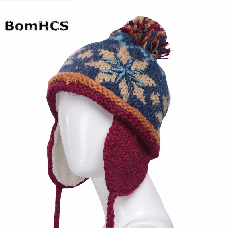 BomHCS 100% Handmade Ethnic Style Crochet Mosaic Parquet Beanie Knitted Hat Women's Winter Warm Cap 5