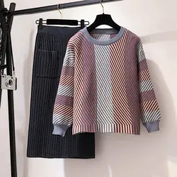 Весна комплект из 2 предметов трикотажные женские костюм полосатый свитер в стиле пэчворк эластичная облегающая юбка костюм 2019 юбка с